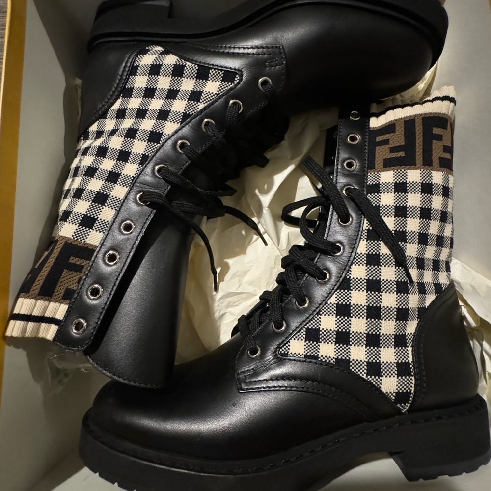 Fendi Black and Checkered Women's Combat Boots